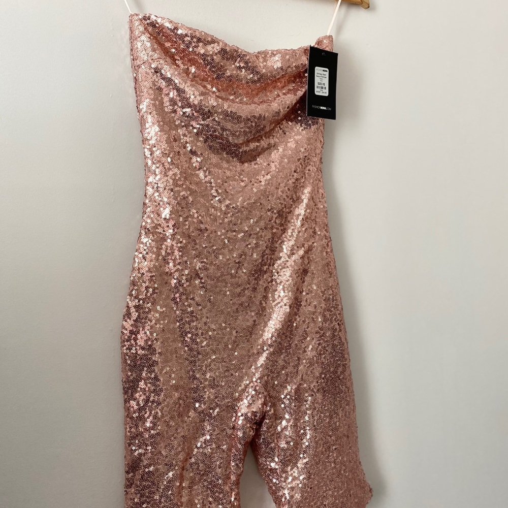 Rose gold strapless jumpsuit